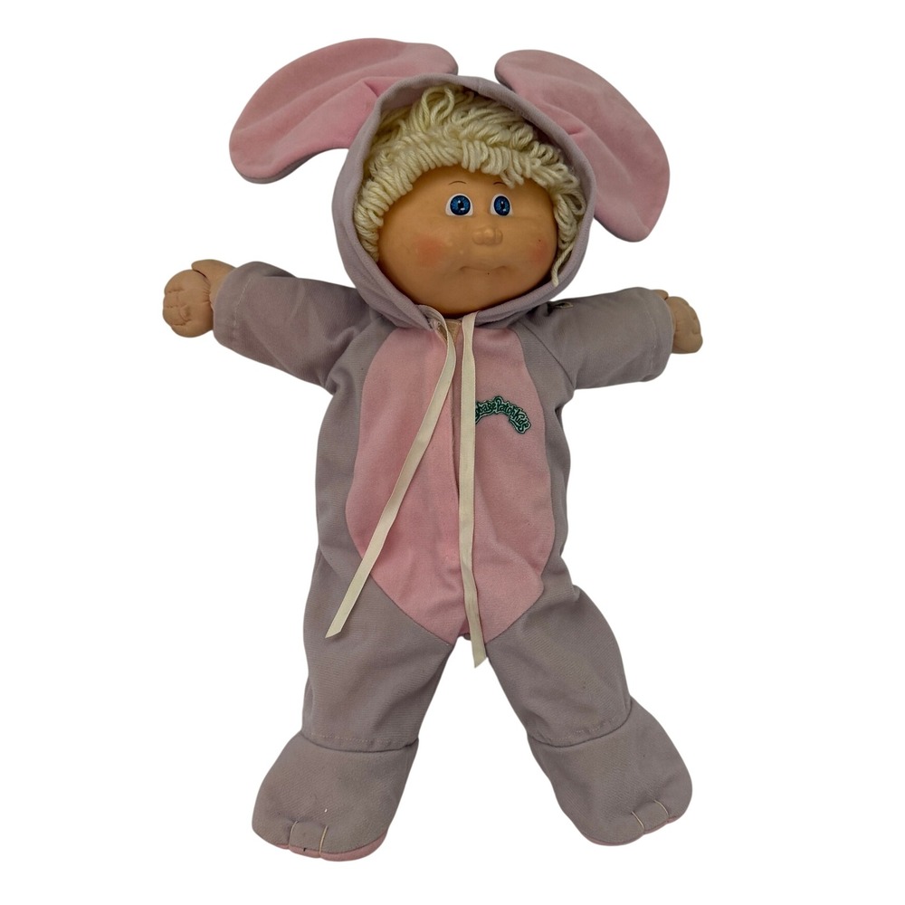 Vintage Cabbage Patch Kids Coleco Doll Blonde Yarn Hair Blue Eyes Bunny Outfit